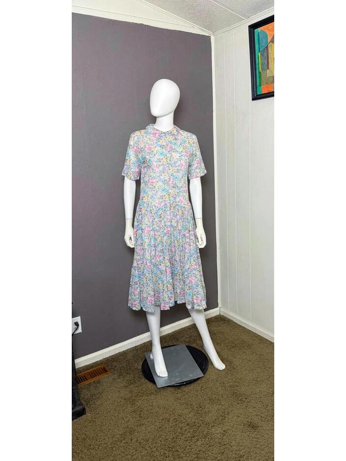 1970's Floral Tea Dress Tissue Thin Cotton Semi-Sheer S-M